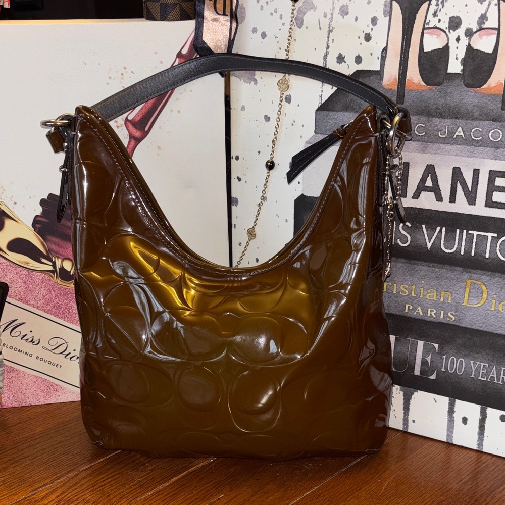 Coach Signature Embossed Patent Leather Convertible Hobo Bag Camel